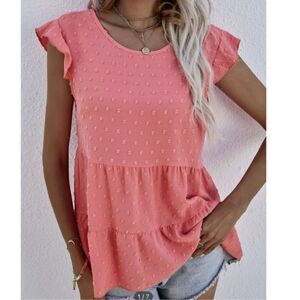 2/$15 🌸 Swiss Dot Keyhole Back Ruffle Hem Peplum Top Small Salmon